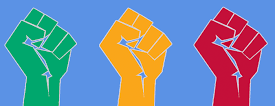 Three fists raised against a blue background