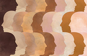 Layered silhouettes of faces of various colours in in profile