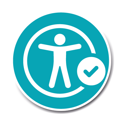 A white symbol of a person on a blue background. There is a white checkmark to the right of the figure.