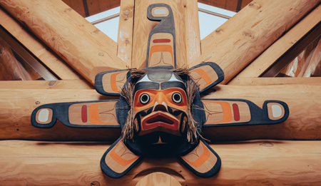 Wooden sculpture in Coast Salish style of a person wearing a mask