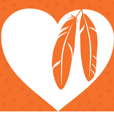 A white heart frames two orange feathers against an orange background