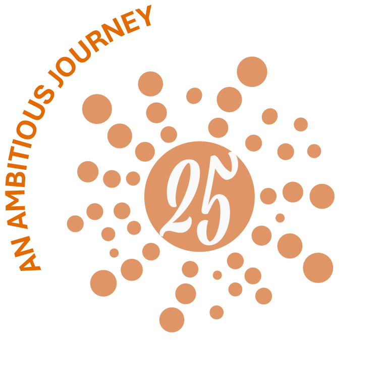 The 25th-anniversary splash in JLP orange, encircled by the words &ldquo;An Ambitious Journey&rdquo; 