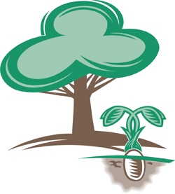 A cartoon tree and seedling against a white background &ndash; the old JLP logo