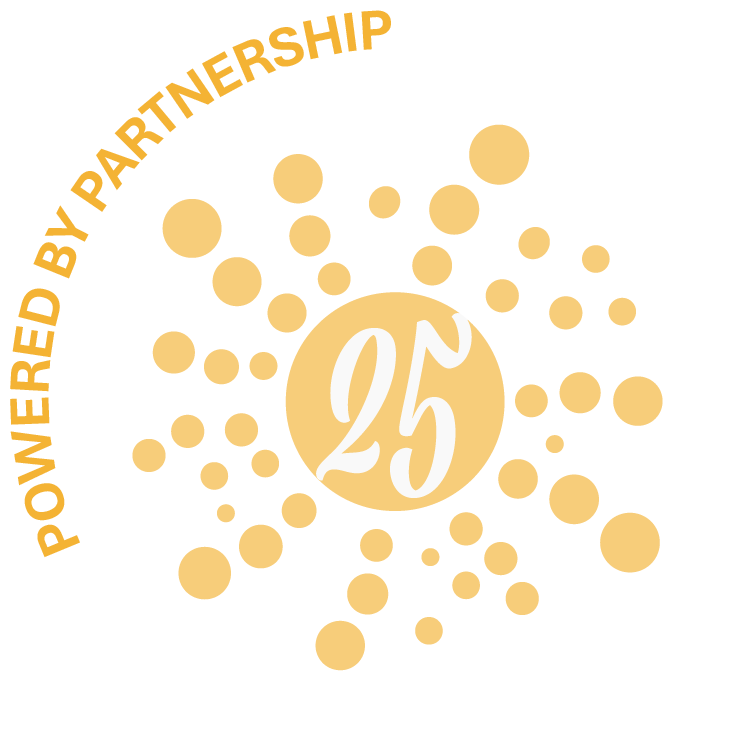 The JLP 25th anniversary logo in yellow, encircled by the wrods "The Power of Partnership"